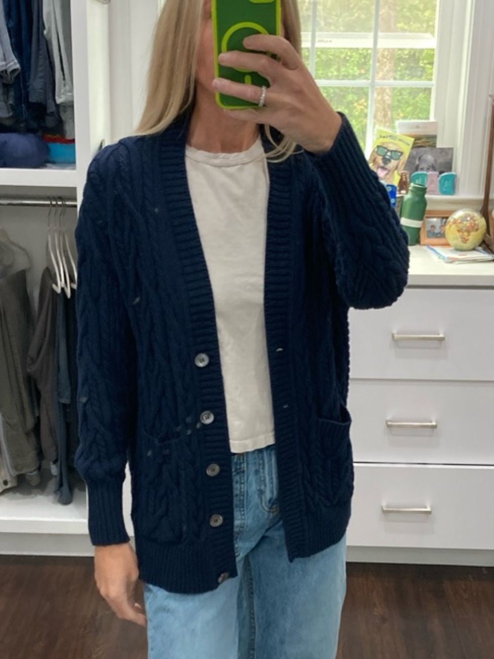 J. Crew Factory Navy Cable-Knit Button-Front Cardigan
